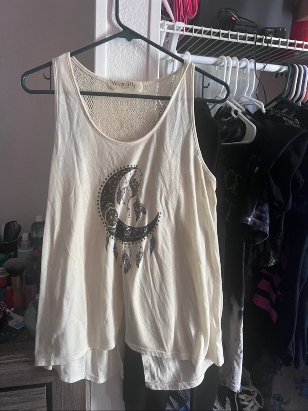 Wound Up Cream Tank Top with Black Crescent Moon Dreamcatcher Graphic